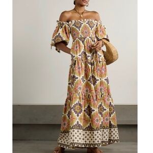 Cara Cara Tie-Detailed Cotton-Voile Dress with Shirred Bodice & Ruffled Skirt